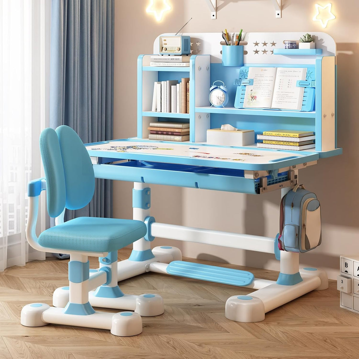 Honrane 2Pcs/Set Study Desk and Chair Set, Height Adjustable Kids School Desk with Sitting Corrector, Cartoon Learning Desks, Kids Desk, Children Study Table with Storage, Bookshelf,Foot Pedal Blue