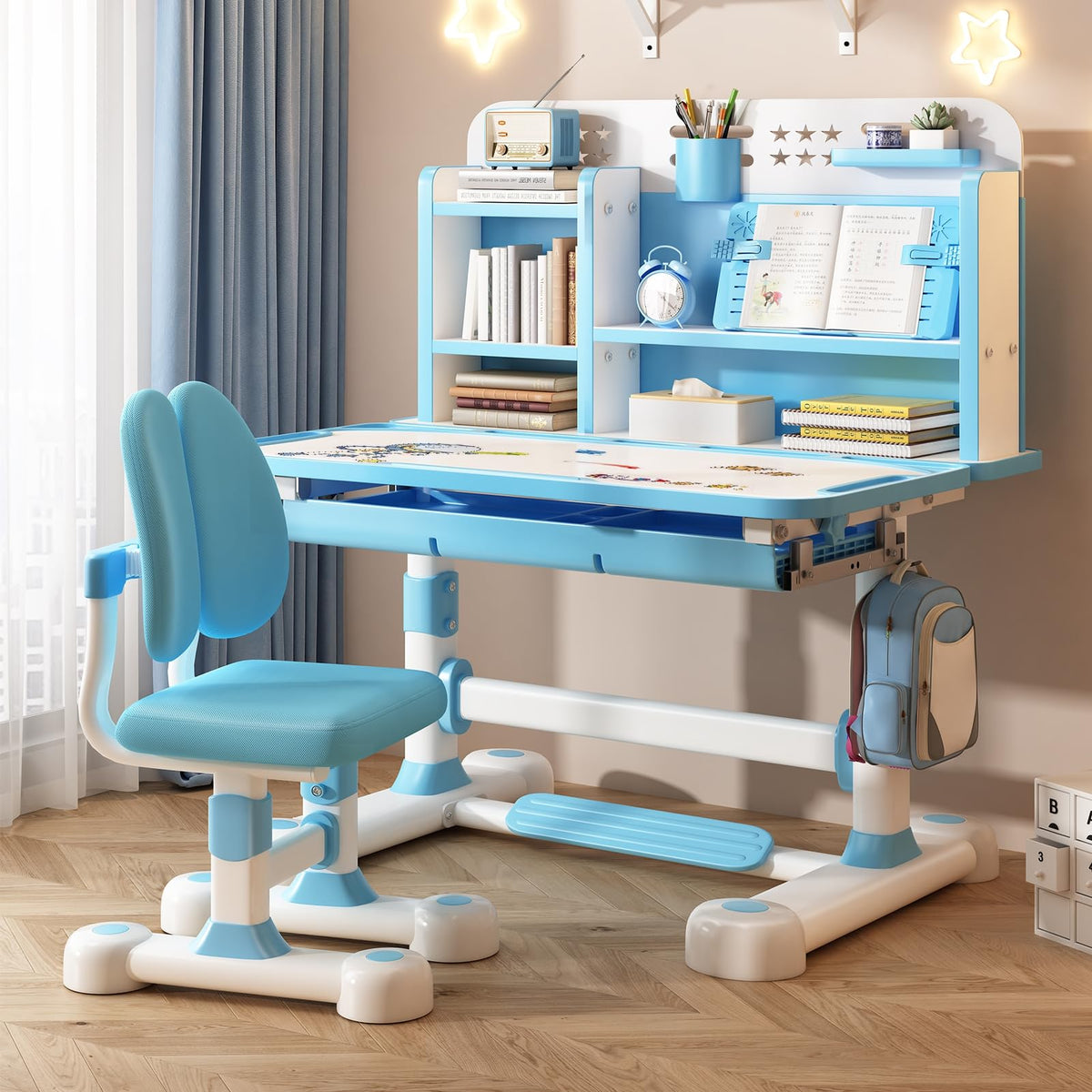Honrane 2Pcs/Set Study Desk and Chair Set, Height Adjustable Kids School Desk with Sitting Corrector, Cartoon Learning Desks, Kids Desk, Children Study Table with Storage, Bookshelf,Foot Pedal Blue