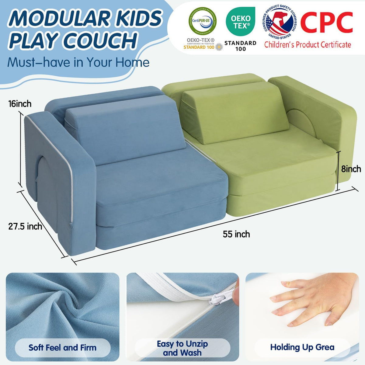 CAPAKIDS Kids Couch with 1000+ Building Options, Blue/Green
