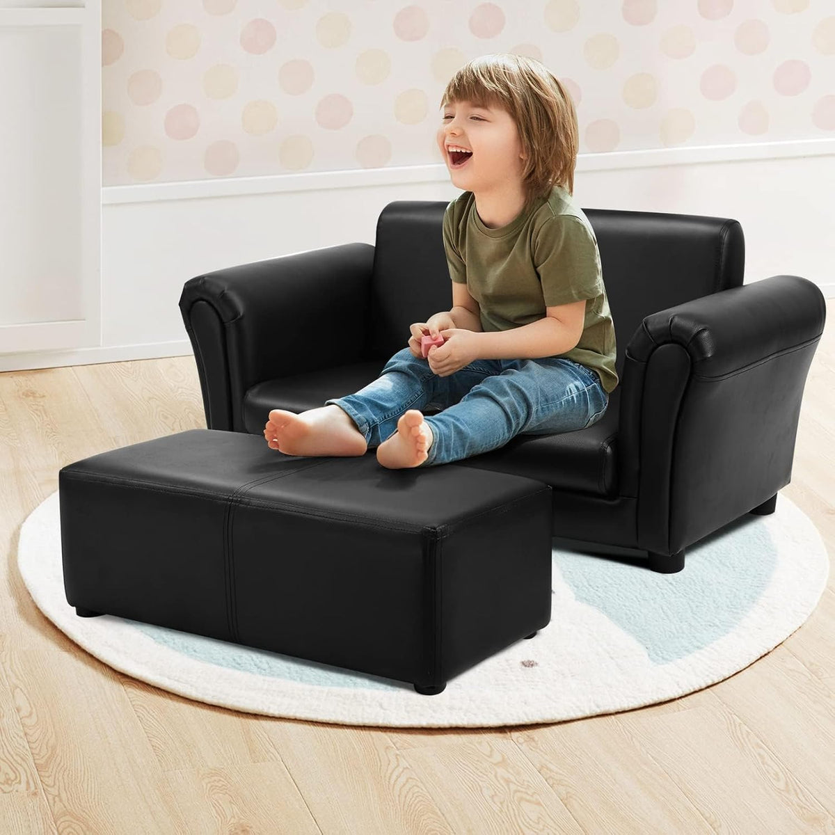 INFANS 2 Seat Children Sofa with Footstool, Sturdy Wood Construction, Armrest Couch for Preschool Kids, Kid Couch Lounge Bed with Ottoman