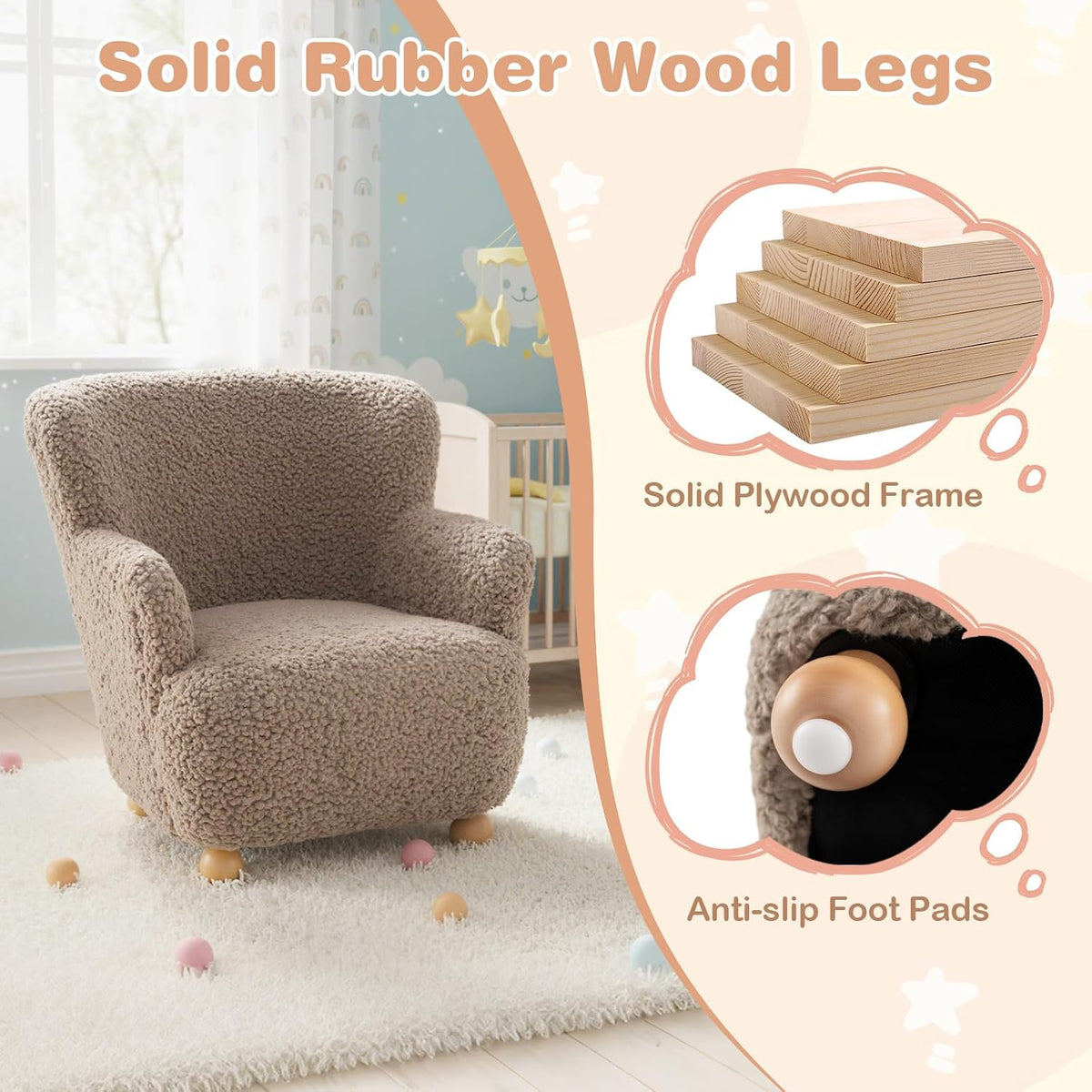 Costzon Kids Sofa, Comfy Toddler Armchair with Solid Rubber Wood Legs, Upholstered Children Reading Chair for Boys & Girls Aged 3+, Kids Furniture Mini Recliner Chair for Bedroom, Playroom (Coffee)