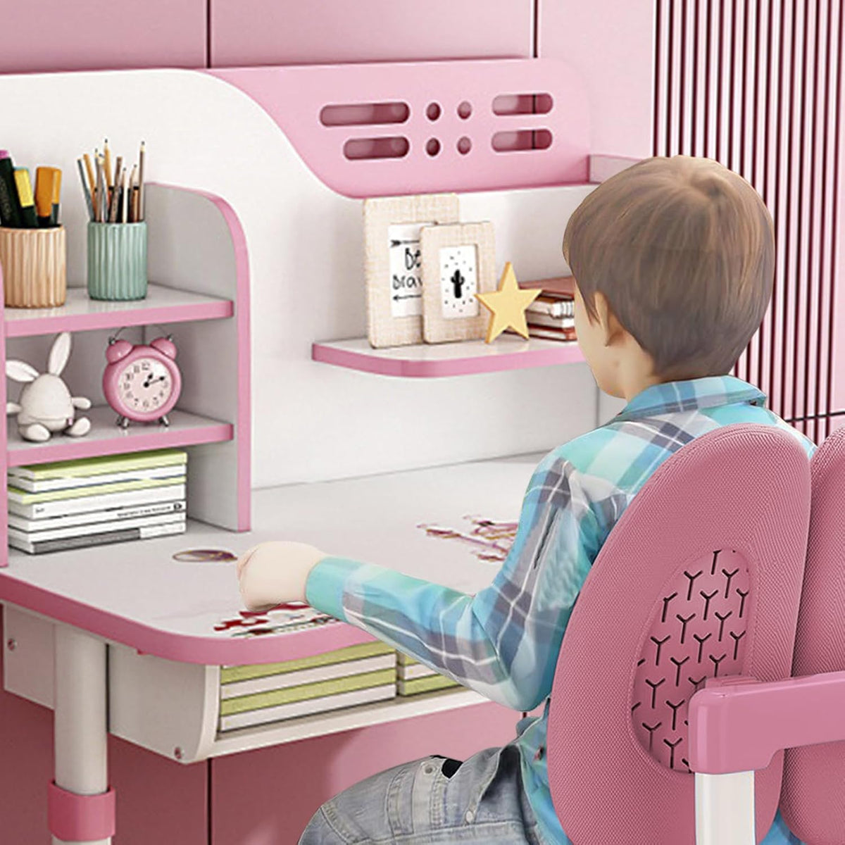 Talent Star Kids Desk and Chair Set,Adjustable Girls School Writing Study Table,Ergonomic Desk Chair with Large Writing Board Pull Out Drawer Book Stand (Pink & Blue) (Pink)