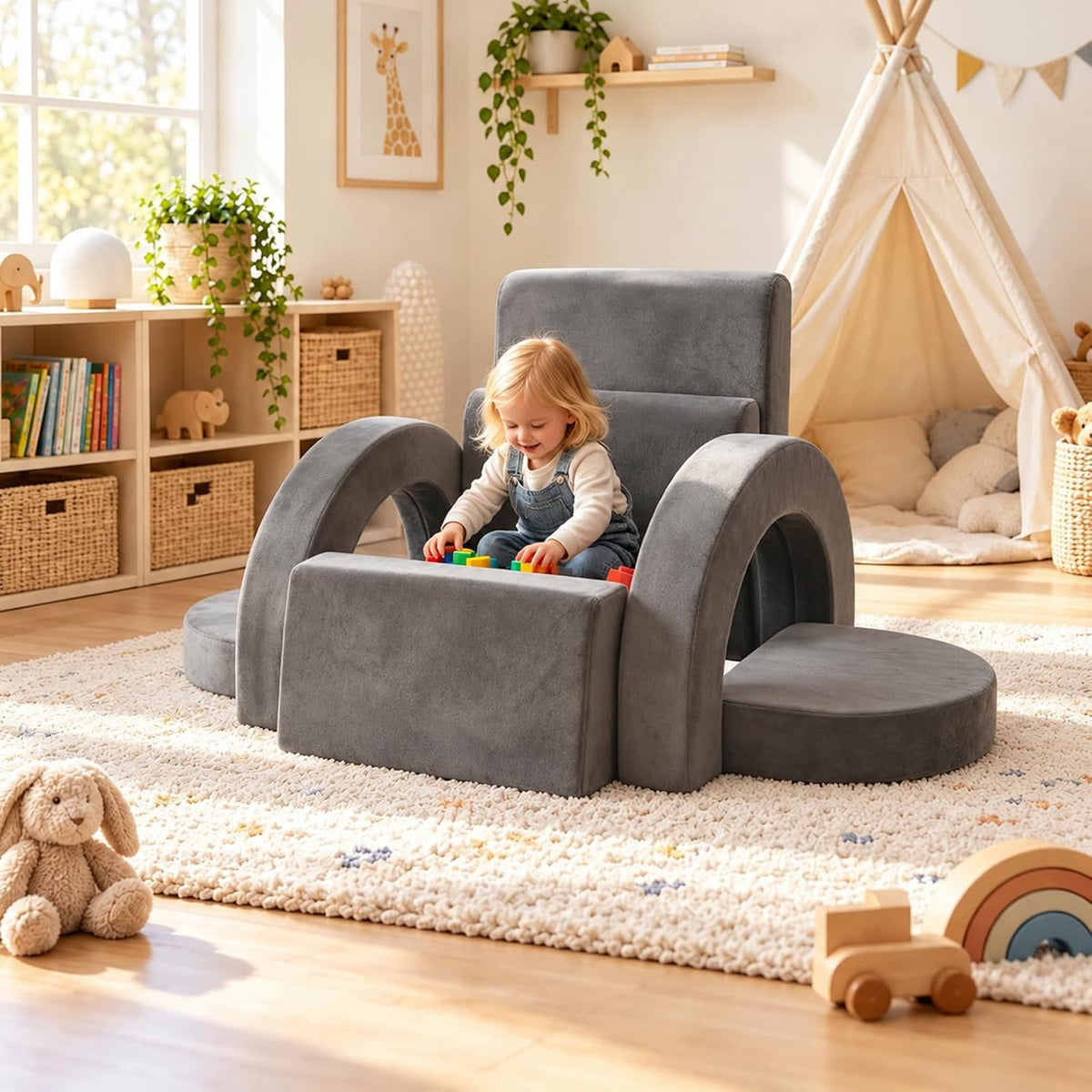 PY HOME & SPORTS Kids Modular Sofa Play Set, 7-Piece Creative Foam Couch for Children, Soft Coral Fleece, Multiple Configurations, Improves Hands-On Skills & Imagination, Compressed Packaging(Grey)