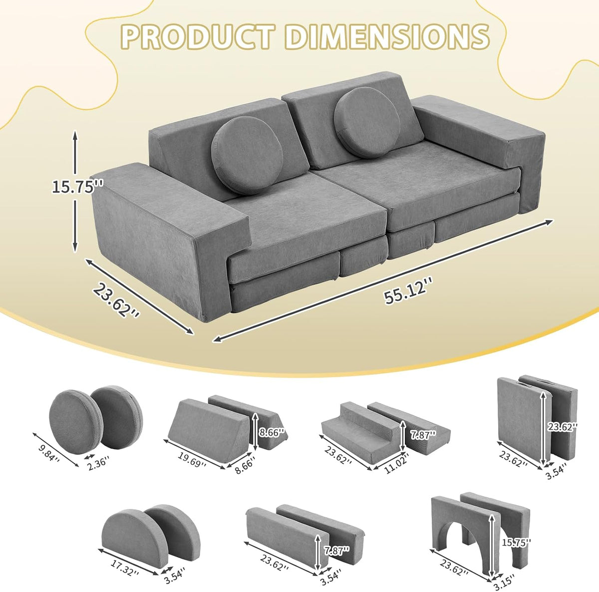 Karl home Kids Couch 14PCS, Modular Foam Toddler Sofa, Grey