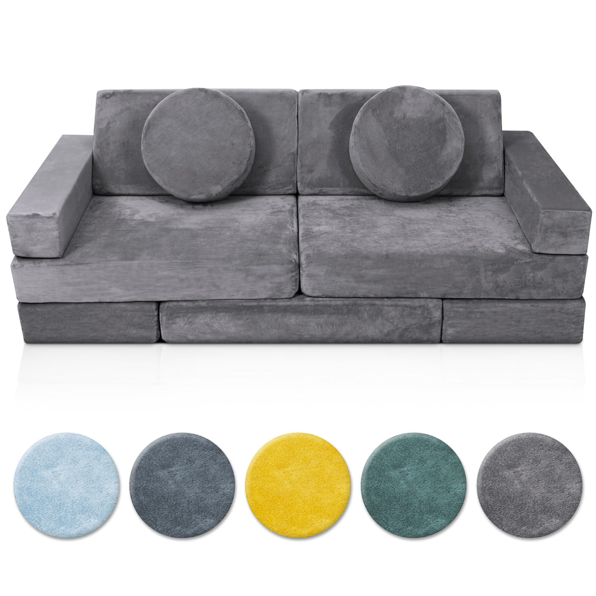 Lunix Replacement Cover for LX15 14pcs Modular Kids Couch, Washable Premium Velvet Fabric, Foam not Included - Stone Gray