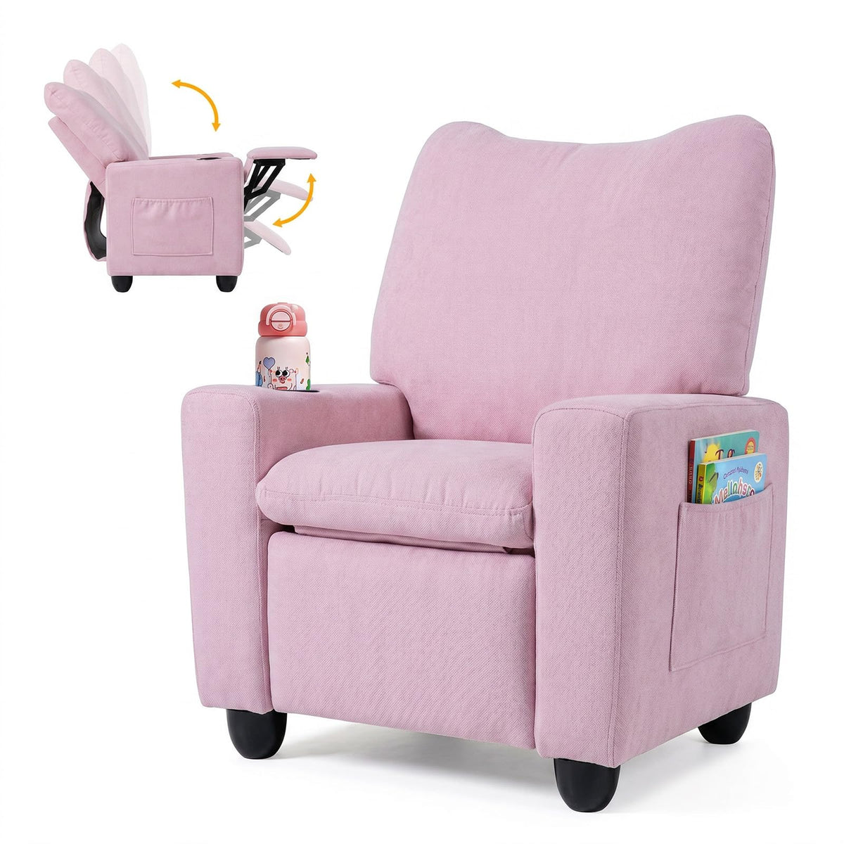 HONEY JOY Kids Recliner with Cup Holder, Chenille Fabric Upholstered Push Back Toddler Sofa w/Storage Pockets, Adjustable Backrest & Footrest, Child Reclining Chair for Ages 3+, Navy