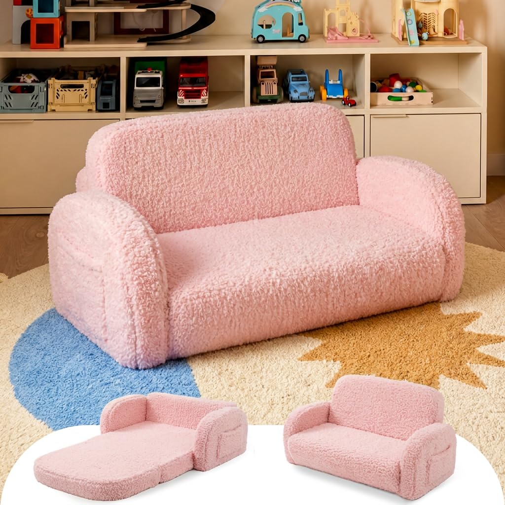 little dove 2-in-1 Sherpa Fold Out Kids Couch, Extra Wide Comfy Kid Chair, Convertible Kids Sofa, Foldable Kid Couch with High Density Foam for Boys & Girls, Beige