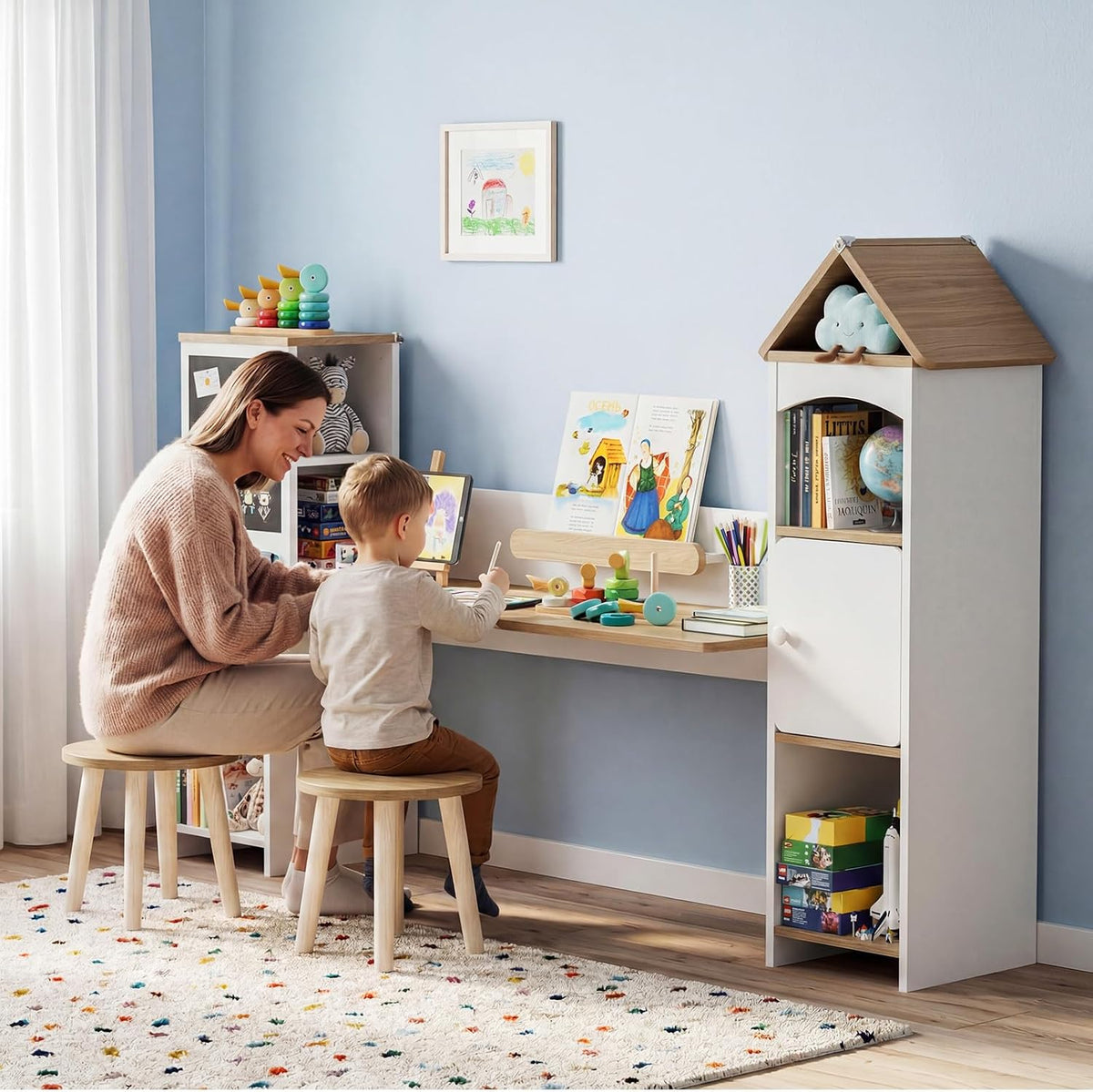 Kids Desk with Blackboard & 2 Stools