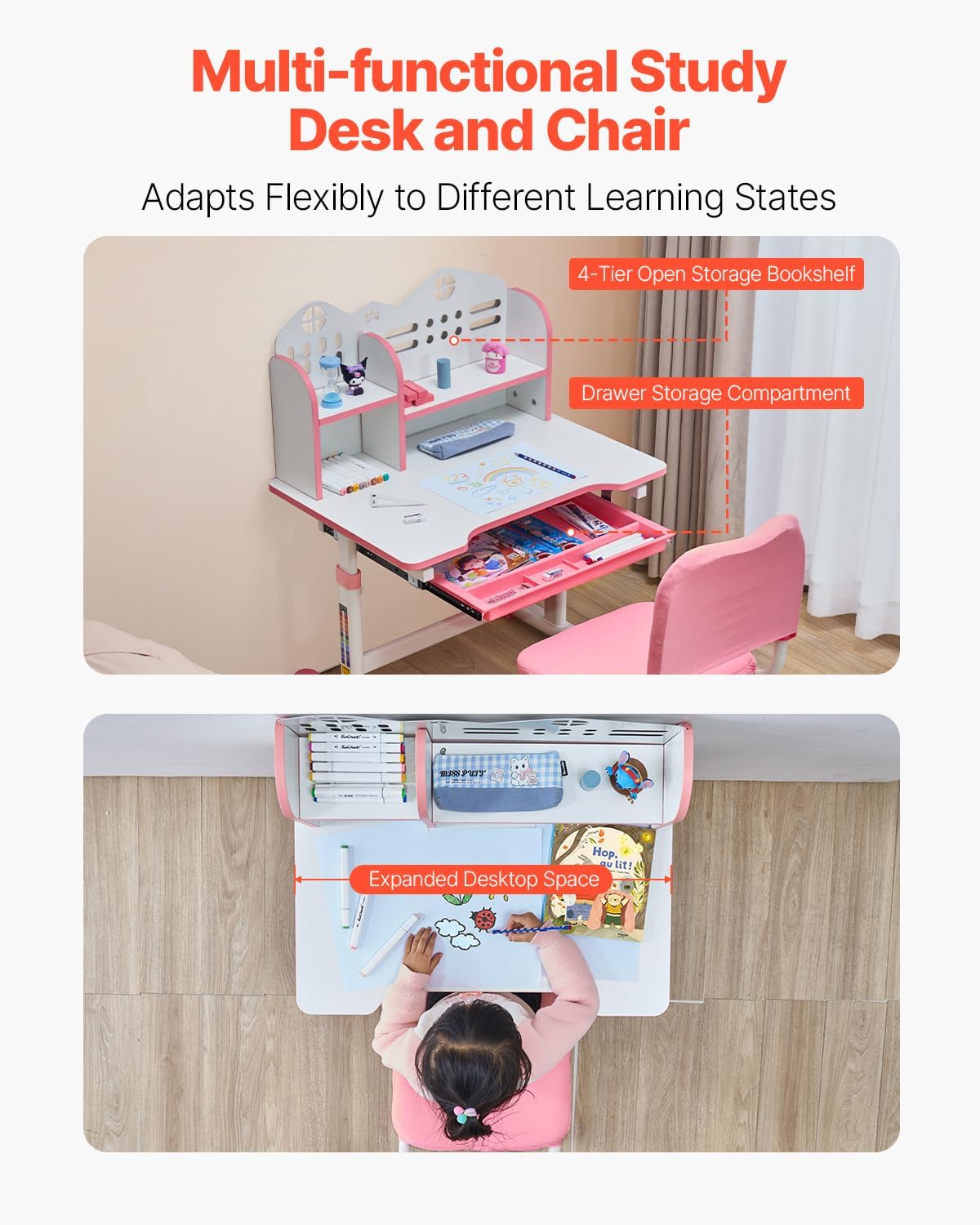 VEVOR Kids Study Chair and Desk Set, Study Desk and Chair for Kids with Bookshelf and Storage Drawer, Adjustable Height Kids Study Desk with Chair, Children Study Table for Bedroom & Study Room, Pink