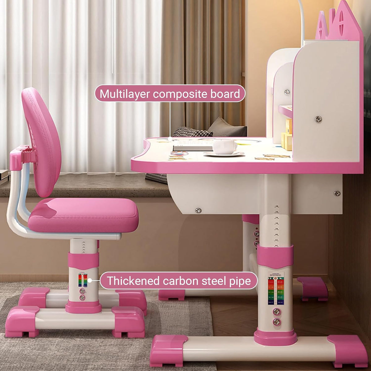 Kids Desk and Chair Set, Height Adjustable, Castle Backboard, Girls Desk with Bookstand and Storage Drawer, Widened Desktop (Pink)