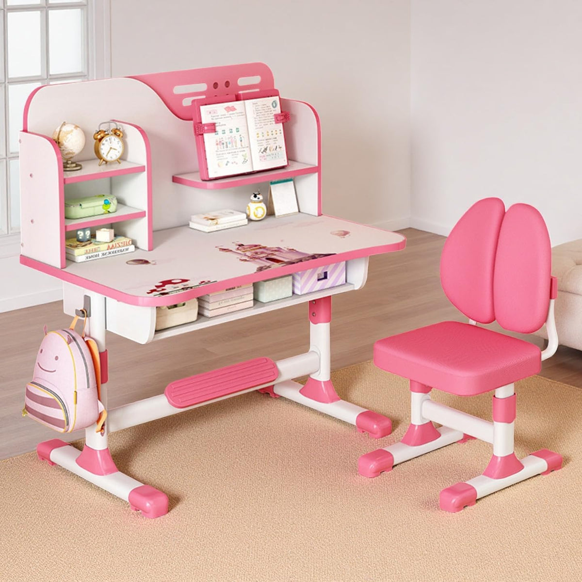 Upgraded Kids Desk and Chair Set, Adjustable Height Children Study Table with Drawer, Separated Storage, Pedal, Widened Desktop Student Writing Desk for Bedroom Reading