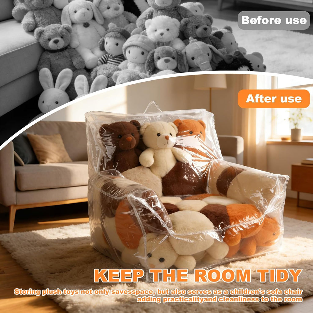 Clear Stuffed Animal Storage Bean Bag Chair Cover for Kids, 100L Waterproof & Easy-Clean TransparentPlush Storage Chair with Zipper and Handle Creative PVC Plush Toys Storage Cover 24.8*24.8*24.8''