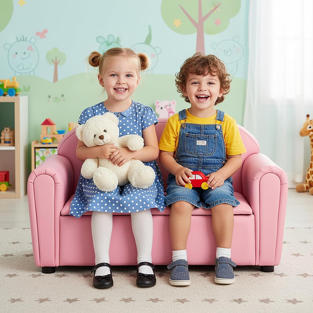 HONEY JOY Kids Sofa, 2 Seats Couch Armrest Chair, Toddler Lounge Bed with Wood Frame, Storage Box, Children Sized Sofa for Living Room, Bedroom (Pink)