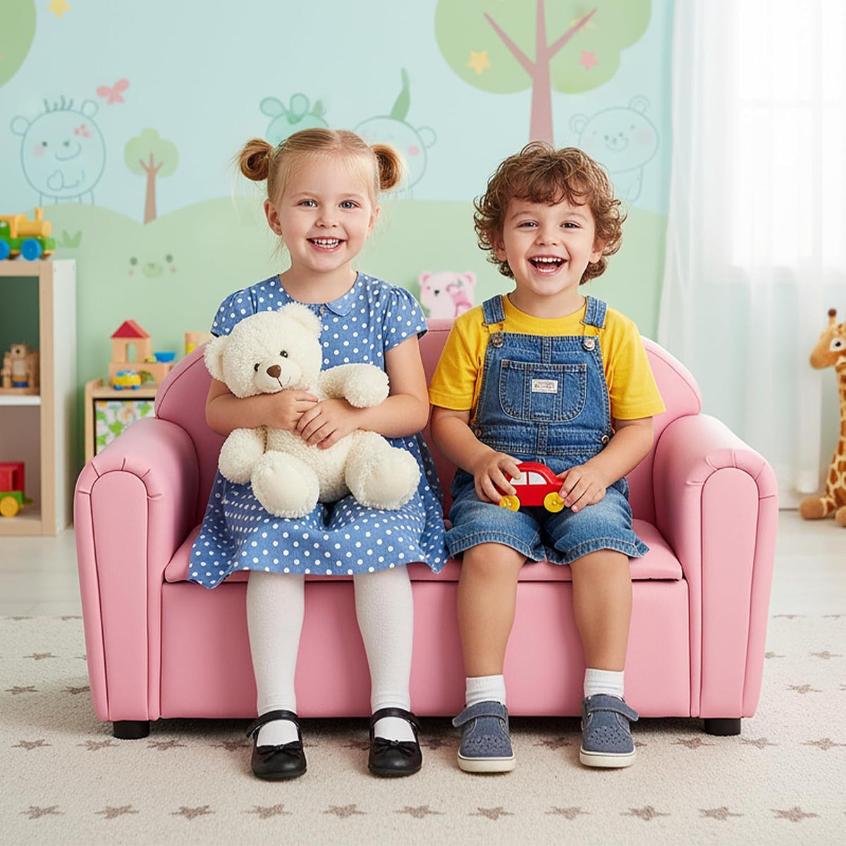 HONEY JOY Kids Sofa, 2 Seats Couch Armrest Chair, Toddler Lounge Bed with Wood Frame, Storage Box, Children Sized Sofa for Living Room, Bedroom (Pink)