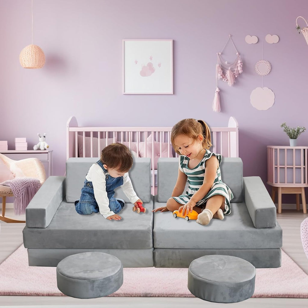 Modular Kids Play Couch, Kids Sectional Couch Sofa, Bedroom and Playroom Convertible Foam for Toddlers, Floor Cushion for Imaginative Boys and Girls (Light Grey-Suede)