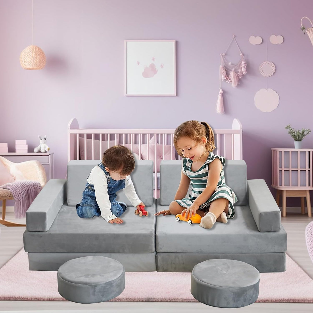 Modular Kids Play Couch, Kids Sectional Couch Sofa, Bedroom and Playroom Convertible Foam for Toddlers, Floor Cushion for Imaginative Boys and Girls (Light Grey-Suede)