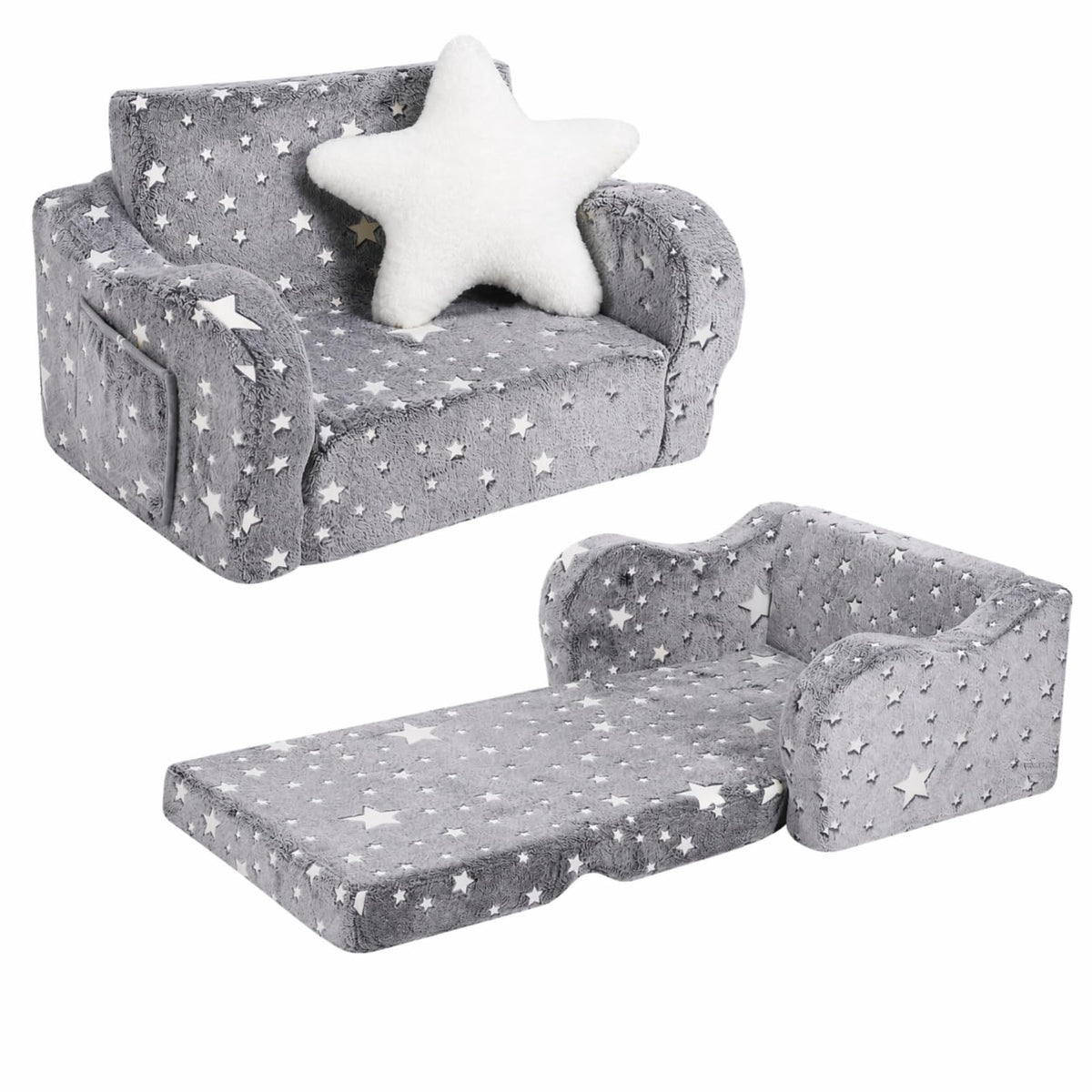 MOMCAYWEX Kids Sofa Chair, 2-in-1 Foldable Couch, Sherpa, Grey