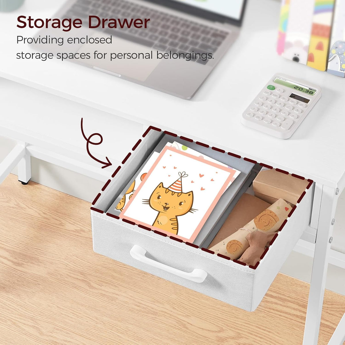 MAHANCRIS Kids Desk and Chair Set, Student Writing Desk, Kids Study Desk with Book Sorter and Fabric Drawer, Kids Wooden Study Table, for Study, Kids Room, Bedroom, White KDBW11901N1