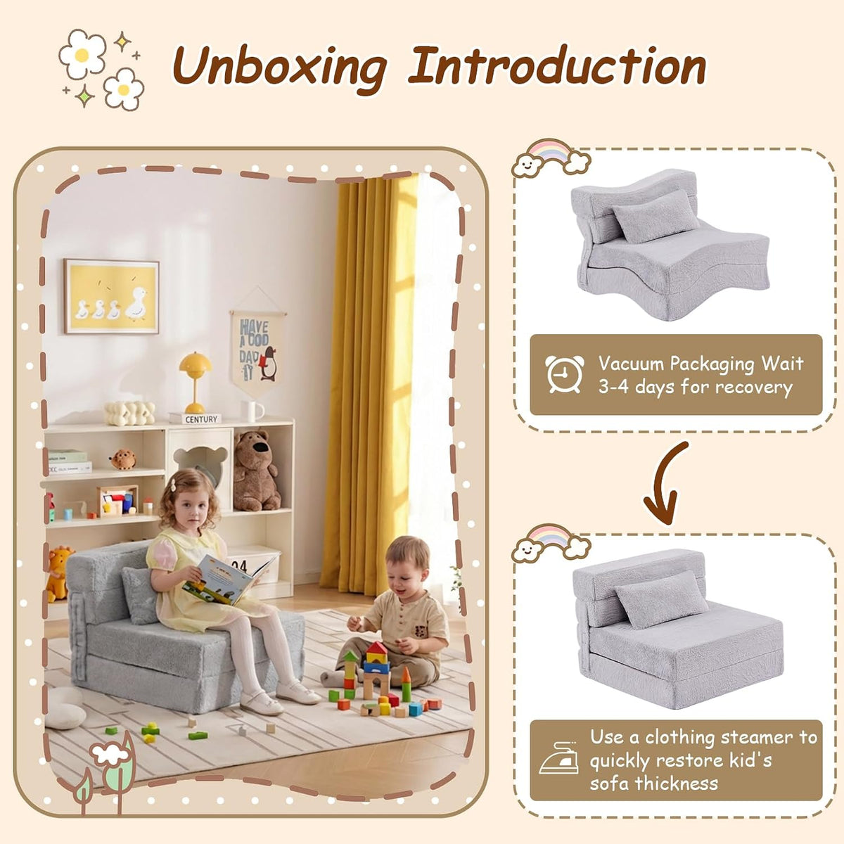 Foldable Sofa for Kids with Pillow, Washable Folding Floor Mat for Child