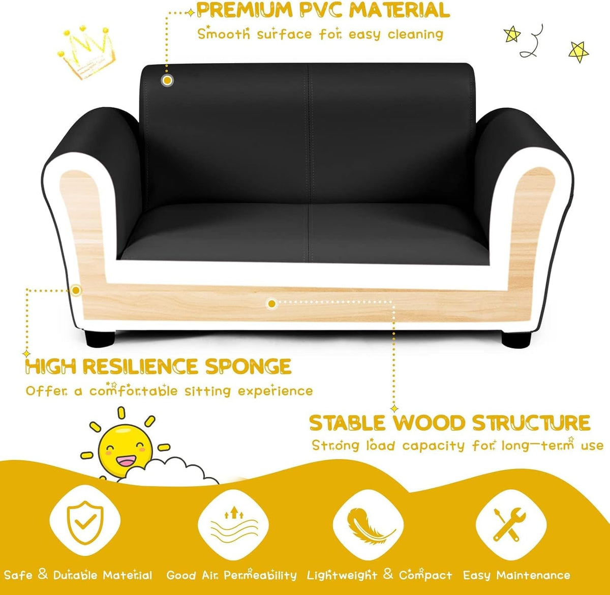 INFANS 2 Seat Children Sofa with Footstool, Sturdy Wood Construction, Armrest Couch for Preschool Kids, Kid Couch Lounge Bed with Ottoman