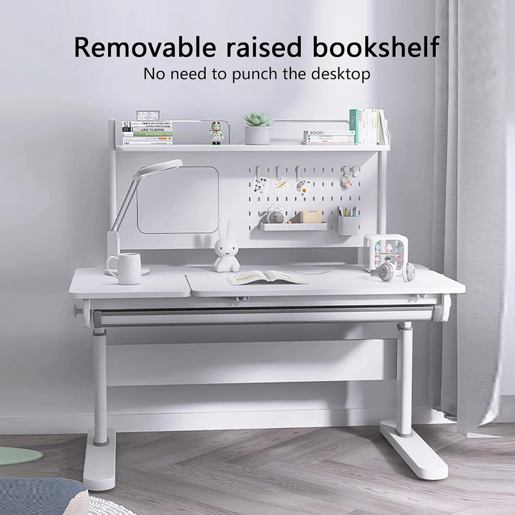 FCD Kids Desk, Height Adjustable Wood Children Study Computer Desk with Large Shelf, Tiltable Desktop and Pull-Out Drawer