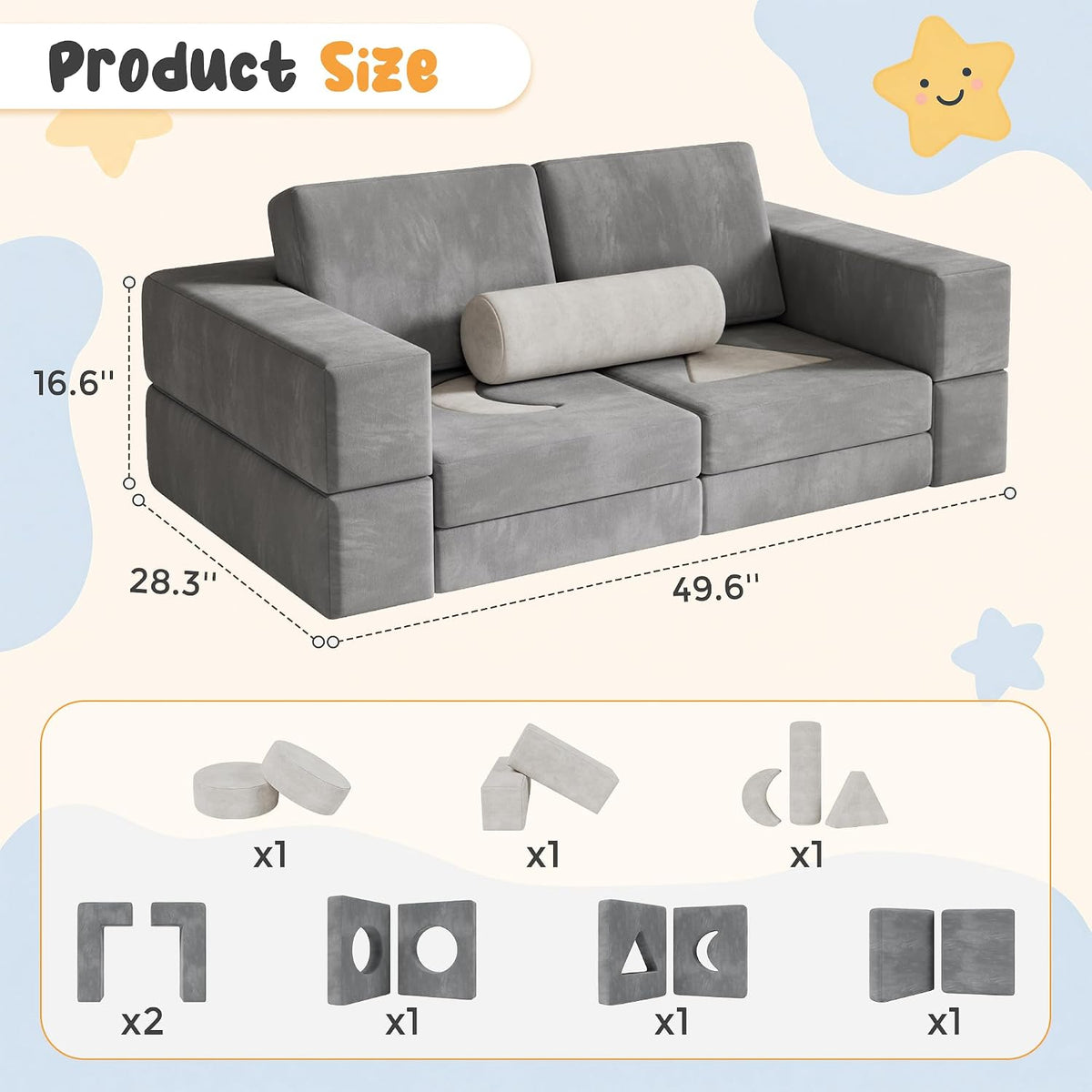 Modular Kids Play Couch, 17-Piece Kids Couch with Shape Pillows & Window Panels, Convertible Play Couch for Kids, Toddler Couch, Kids Sofa with Washable Covers for Playroom, Bedroom, Reading Nook-Grey