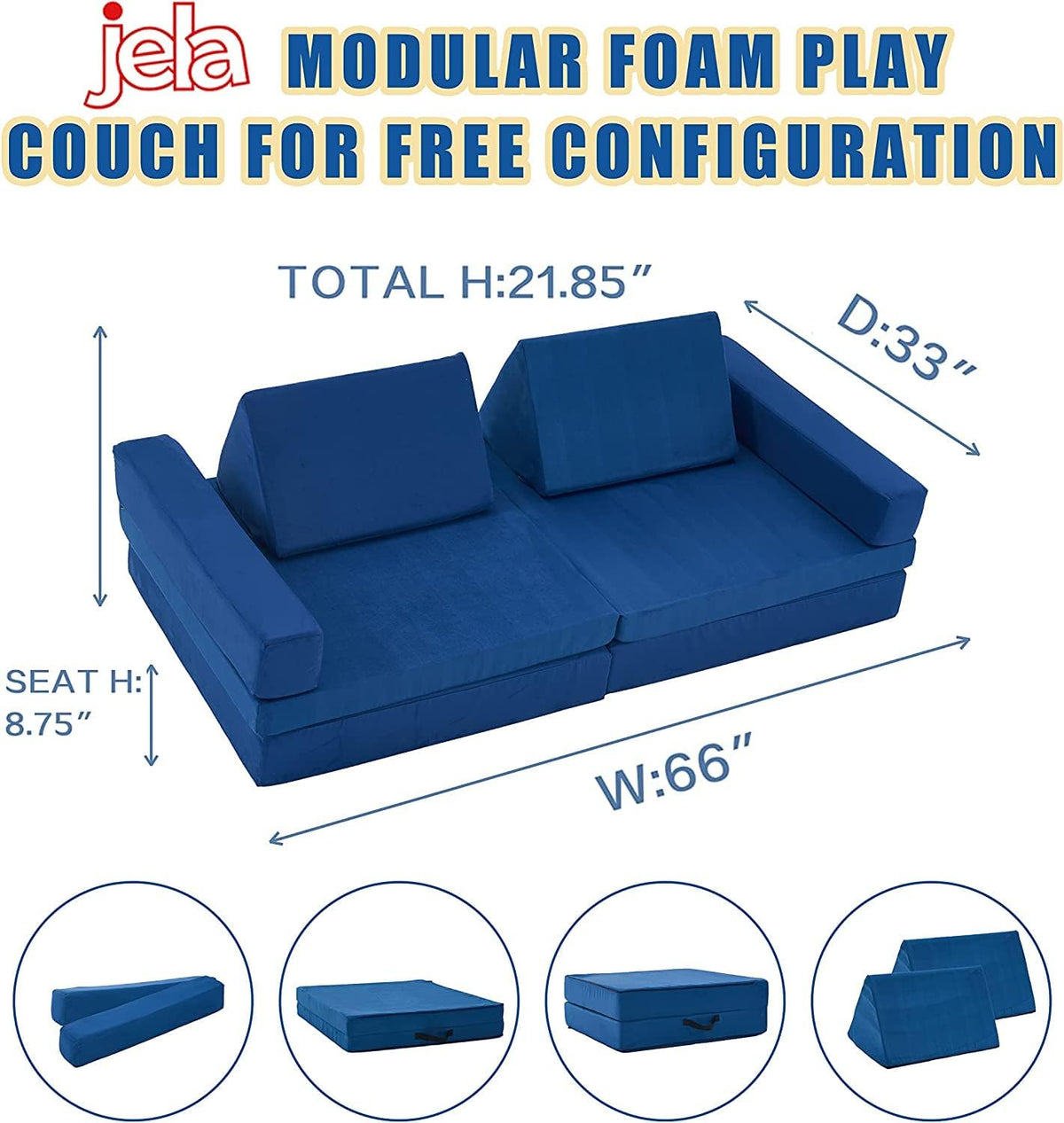 jela Kids Play Couch Extended Size 8PCS for Family, Floor Sofa Modular Funiture for Kids Adults, Playhouse Play Set for Toddlers Babies, Modular Foam Play Couch Indoor 66" x 33" x 22" Navyblue