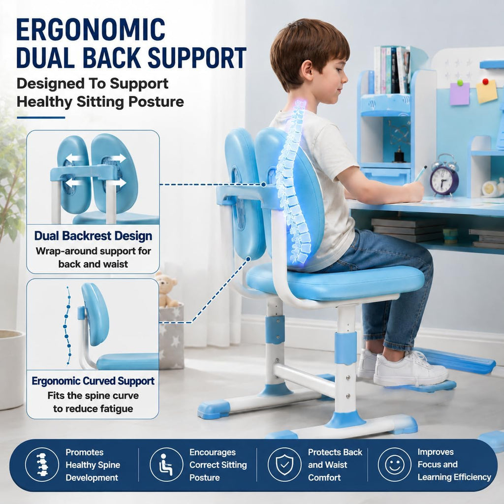 Kids Study Desk and Chair Set, Height Adjustable Kids Study Desk with Storage Drawer Bookstand,Ergonomic Desk for Kids with Desktop Children Study Desk Blue