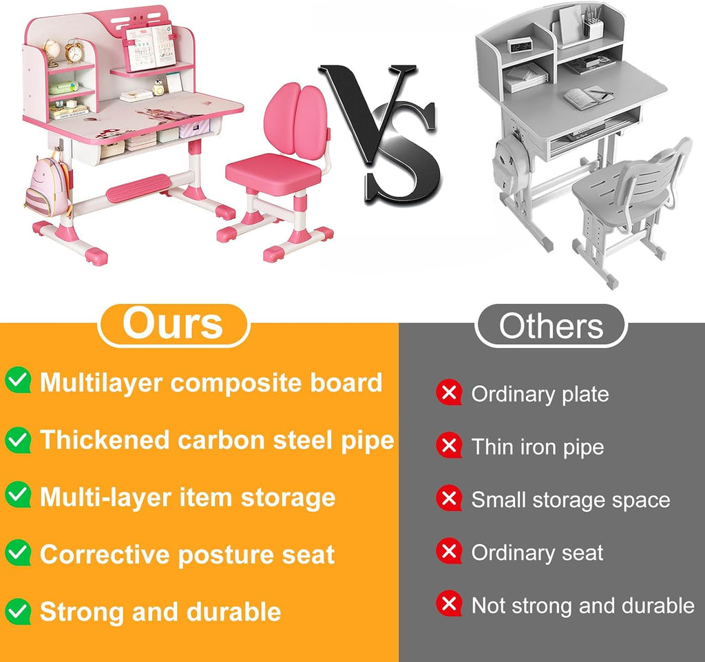 Upgraded Kids Desk and Chair Set, Adjustable Height Children Study Table with Drawer, Separated Storage, Pedal, Widened Desktop Student Writing Desk for Bedroom Reading