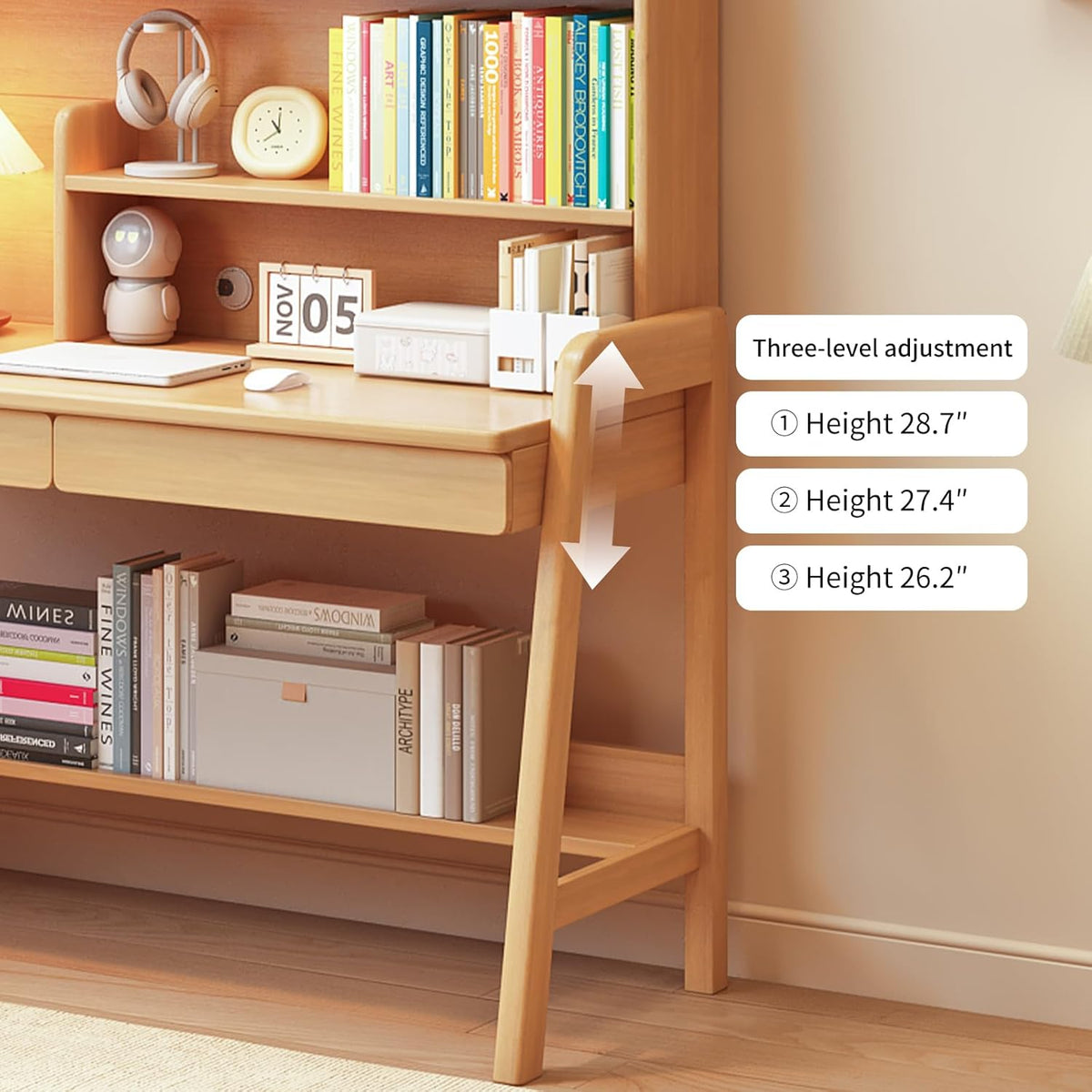 Kids Study Desk with Bookshelf＆Two Drawers for 3-8 Years Old, Height Adjustable Child's School Study Writing Tables Wooden Children's Study Table & Small Writing Desk for Boys and Girls, Natural