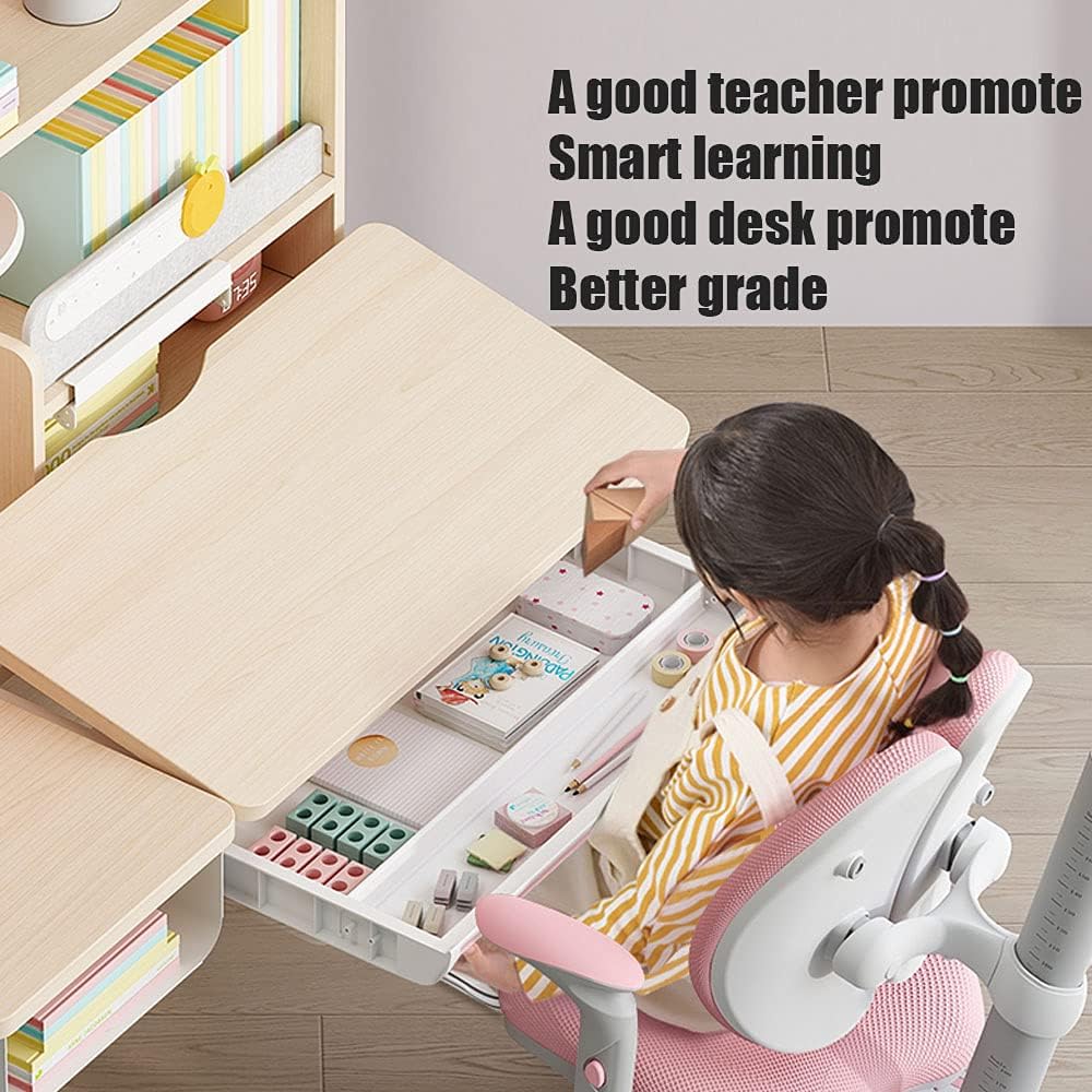 FCD Wood Adjustable Height Ergonomic Kids Study Desk Drafting Table Computer Station Built-in Bookshelf Hutch Multi Function Desktop 43.3" Width (Pink)