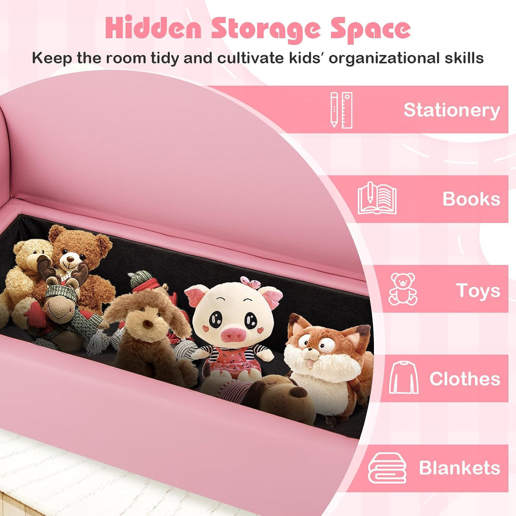 HONEY JOY Kids Sofa, 2 Seats Couch Armrest Chair, Toddler Lounge Bed with Wood Frame, Storage Box, Children Sized Sofa for Living Room, Bedroom (Pink)
