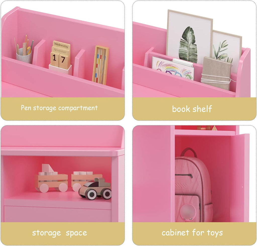 Pink Wooden Kids Desk Chair Set Hutch Storage Cabinet Study Workstation