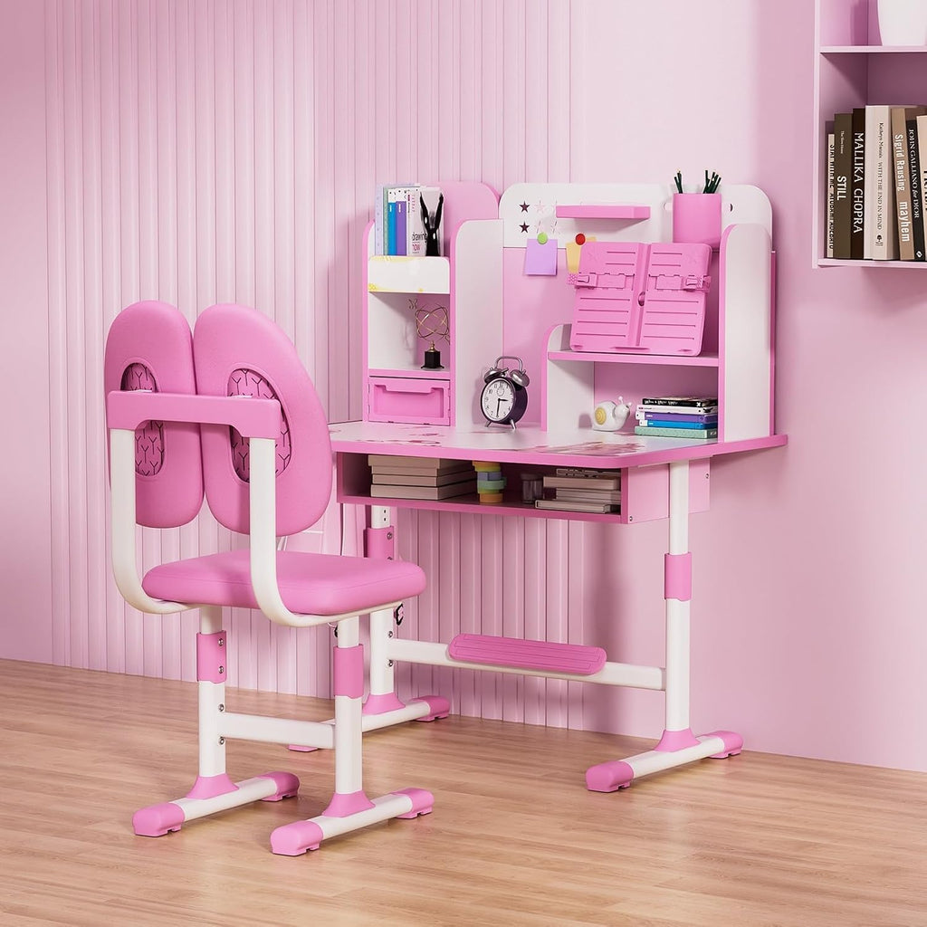 Kids Desk and Chair Set, Height Adjustable Toddler Desk and Chair Set, Children Study Table Chair Set with Sitting Corrector, Kids Art Desk with Storage and Drawers for Bedroom Reading Pink