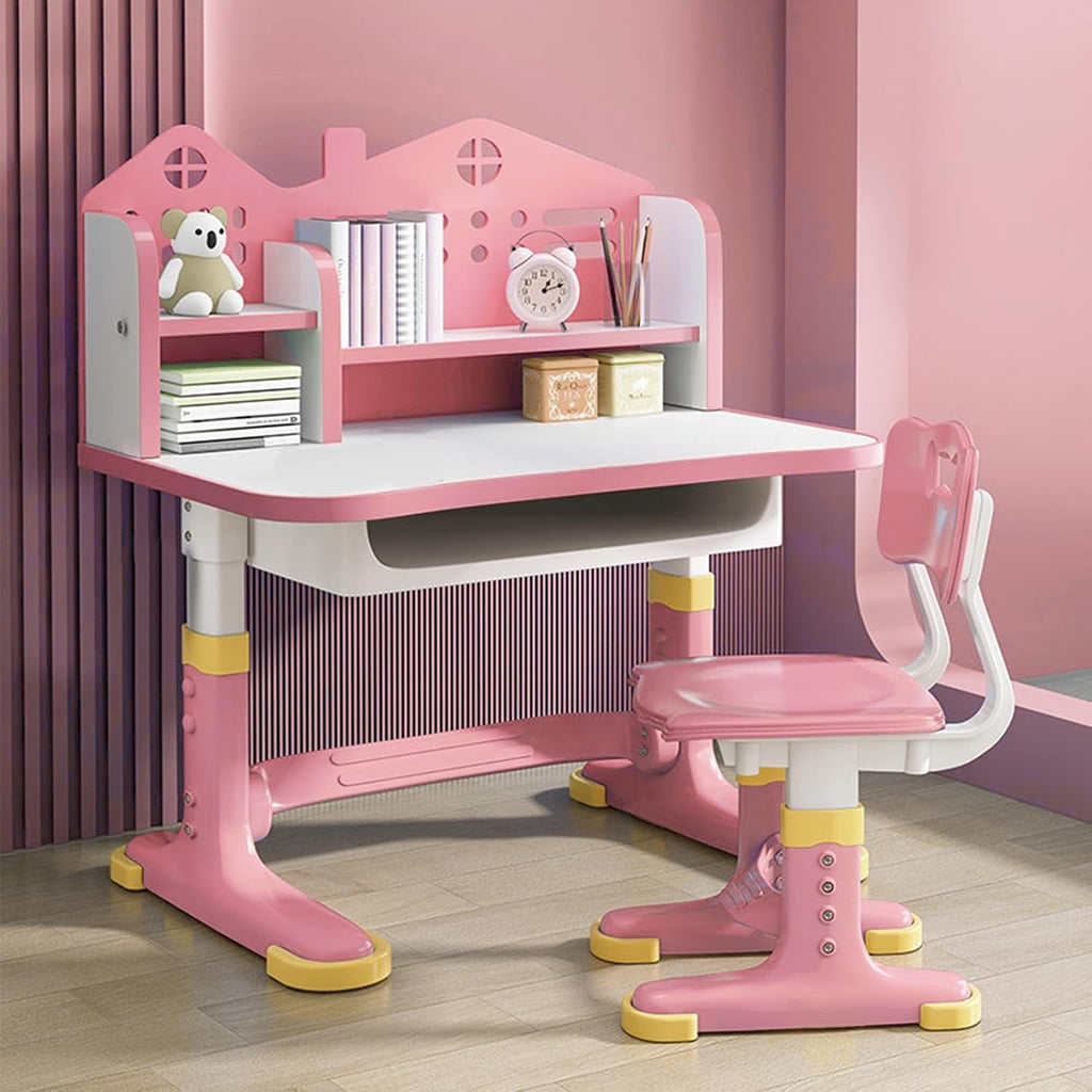 Kids Functional Desk and Chair Set, Study Desk with Chair, Height Adjustable Children School Desk with Storage Drawer for Boys Girls Pink
