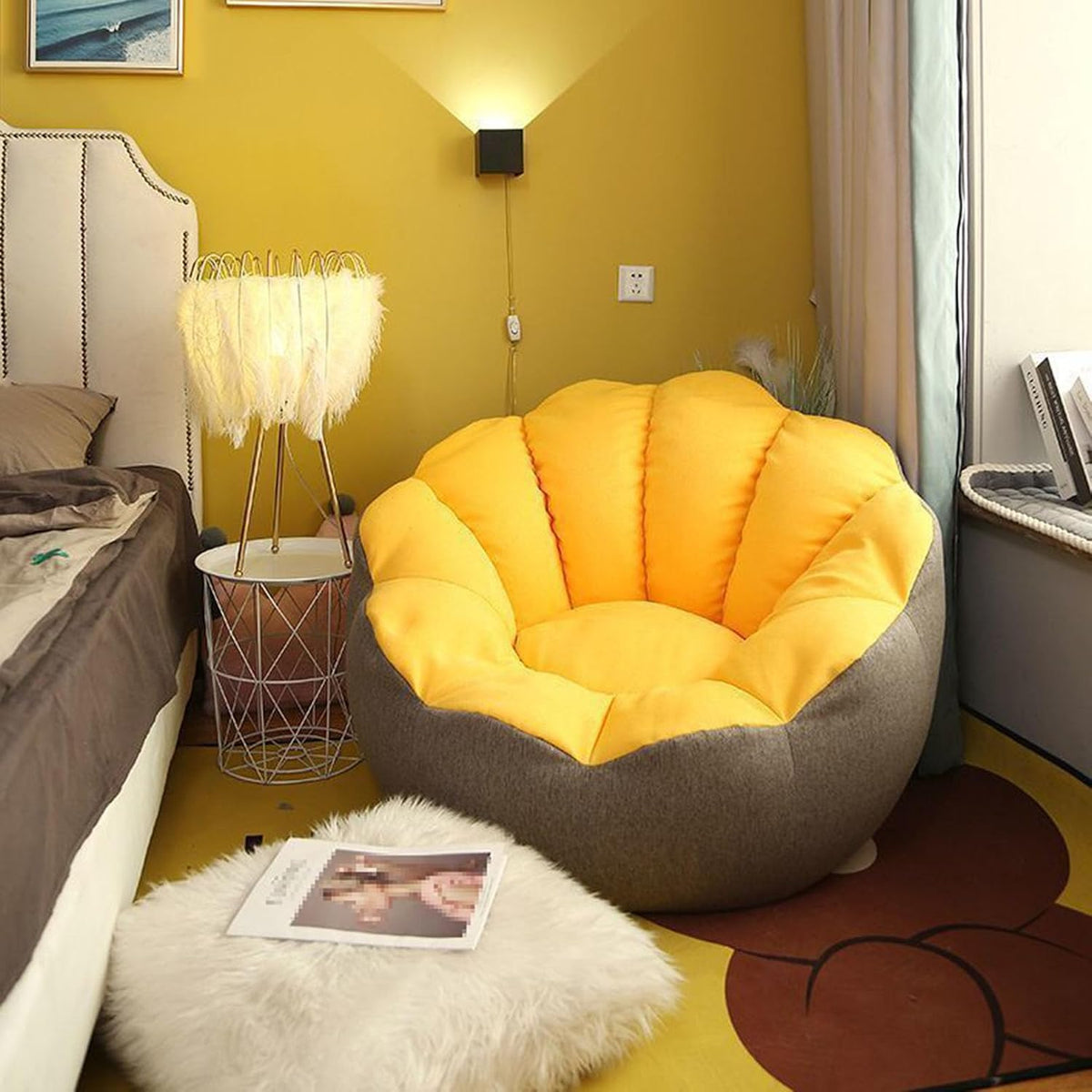 Ultra Soft Bean Bag Chair Cover, Stuffed Animal Storage Bean Bag Cover (No Filler) Soft Premium Stuffable Bean Bag Chair Cover Leakproof Furniture Protector,Grey Yellow,78x78x68cm