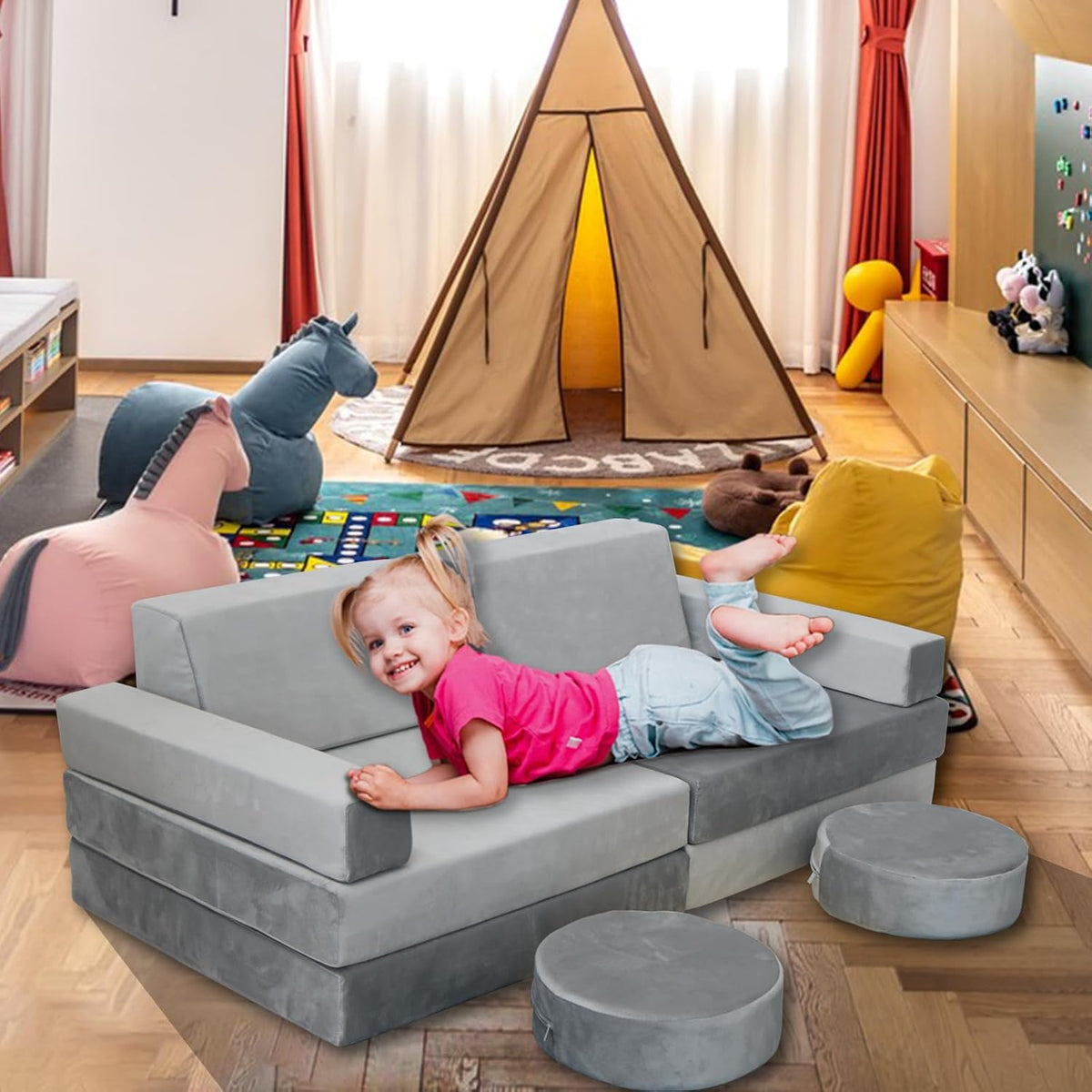 Modular Kids Play Couch, Kids Sectional Couch Sofa, Bedroom and Playroom Convertible Foam for Toddlers, Floor Cushion for Imaginative Boys and Girls (Light Grey-Suede)