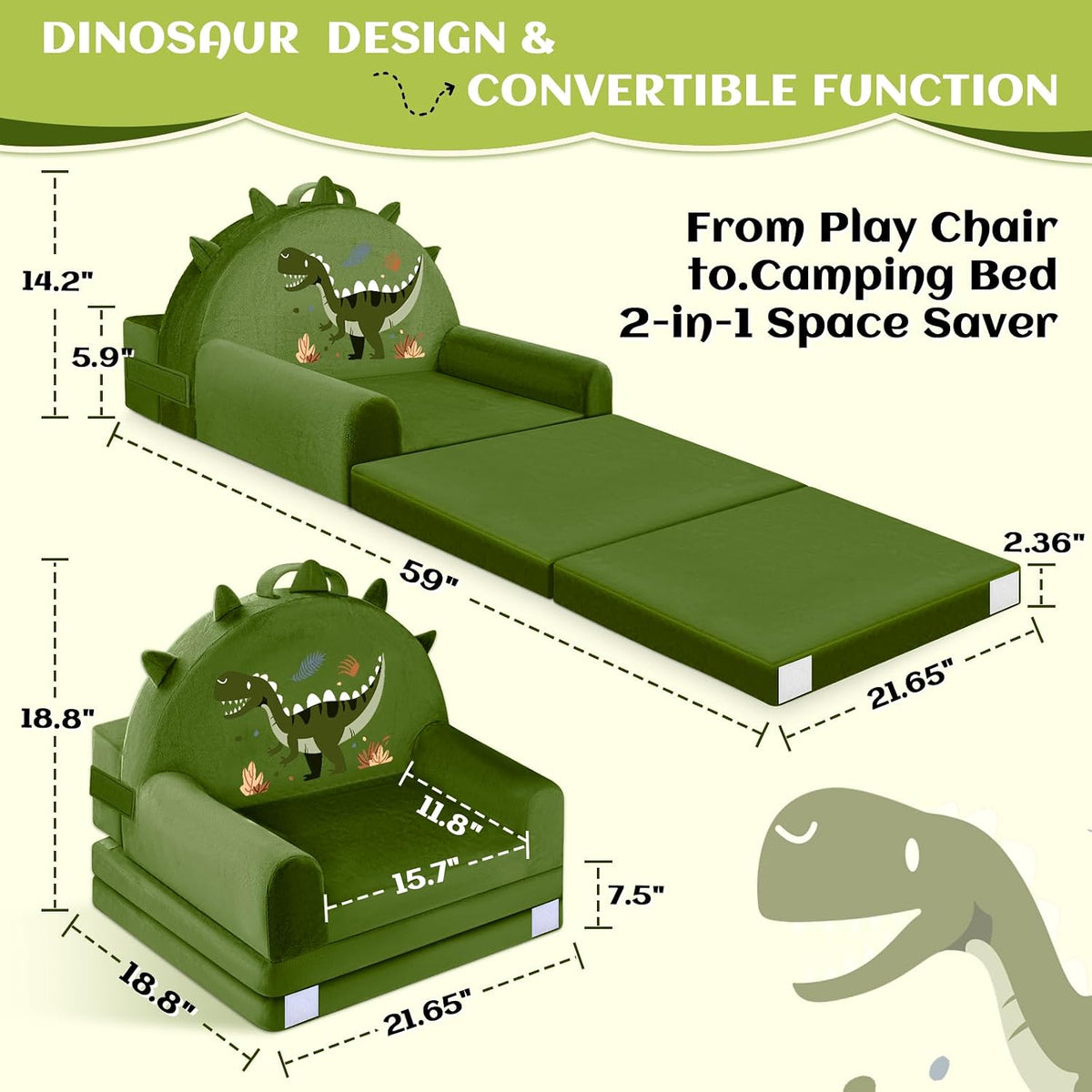 Dinosaur Kids Sofa Bed Ages 3+ with Washable Cover, Foldable Toddler Chair