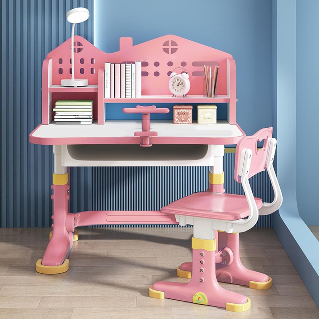 Kids Functional Desk and Chair Set, Height Adjustable Children School Study Desk with Storage Drawer for Boys Girls (Pink)