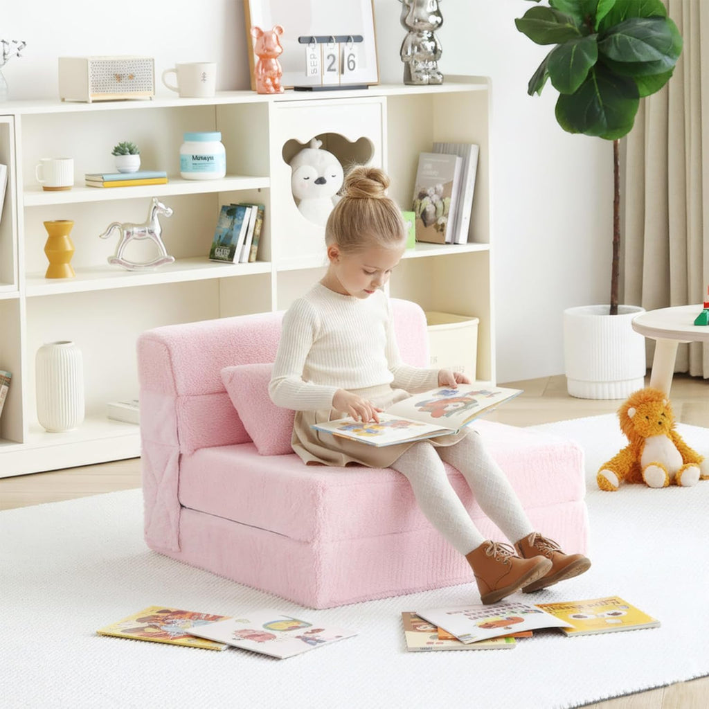 Tiita Convertible Folding Kids Sofa Bed with Pillow & Storage Bag, Plush Fabric Floor Mattress Couch Bed, Washable Cover, Kids Room, Playroom, Dorm, Apartment, Pink