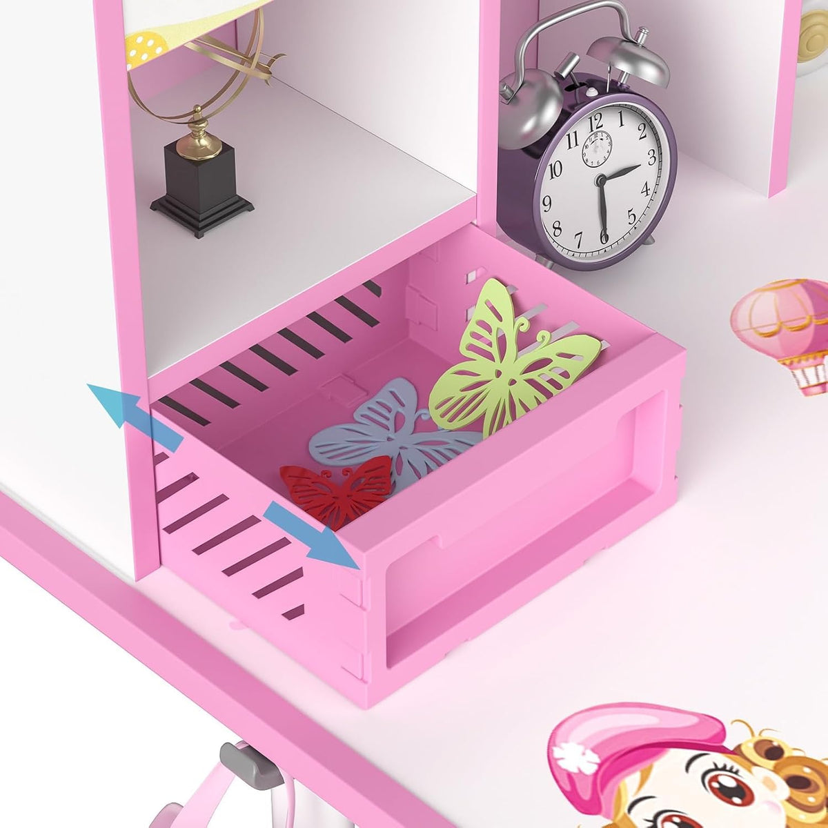 Kids Desk and Chair Set, Height Adjustable Toddler Desk and Chair Set, Children Study Table Chair Set with Sitting Corrector, Kids Art Desk with Storage and Drawers for Bedroom Reading Pink