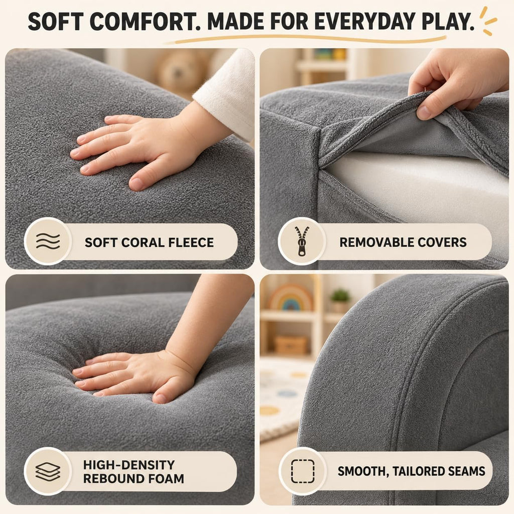 PY HOME & SPORTS Kids Modular Sofa Play Set, 7-Piece Creative Foam Couch for Children, Soft Coral Fleece, Multiple Configurations, Improves Hands-On Skills & Imagination, Compressed Packaging(Grey)