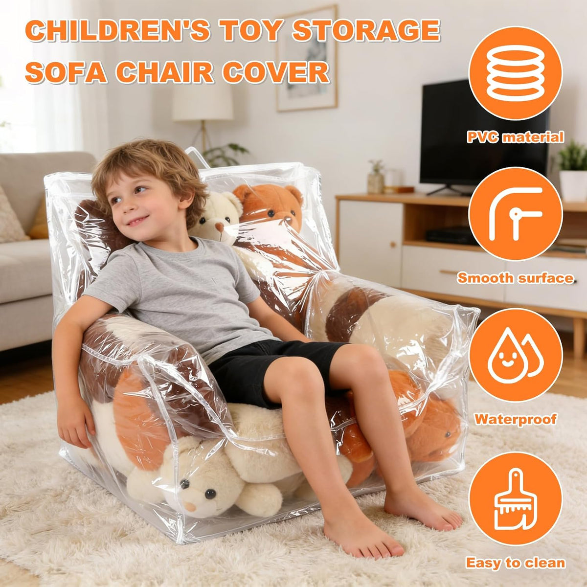 Clear Stuffed Animal Storage Bean Bag Chair Cover for Kids, 100L Waterproof & Easy-Clean TransparentPlush Storage Chair with Zipper and Handle Creative PVC Plush Toys Storage Cover 24.8*24.8*24.8''