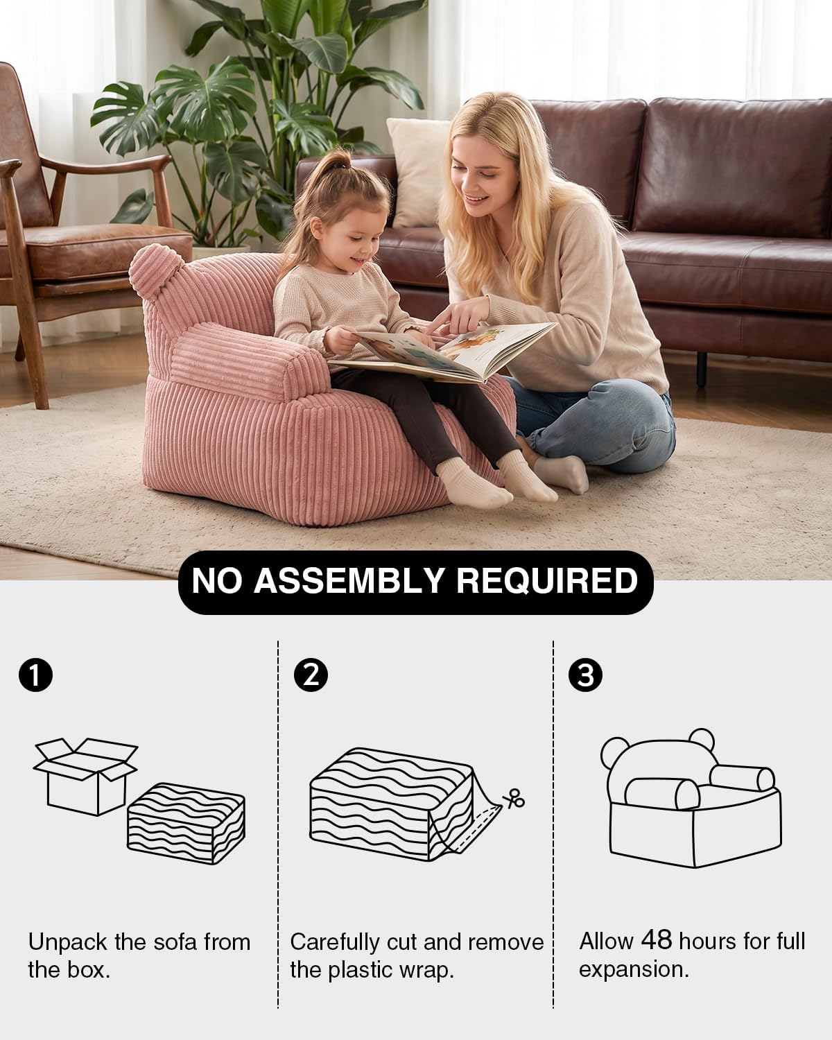 Kids Bean Bag Chair Soft Stuffed Floor Sofa with Pocket for Reading, Pink