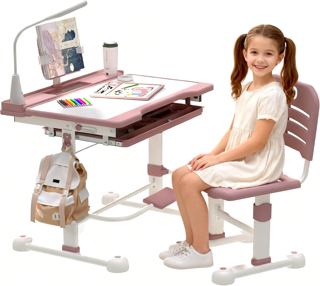 Height Adjustable Pink Desk and Chair 2PCS Set for Kids Aged 4-12