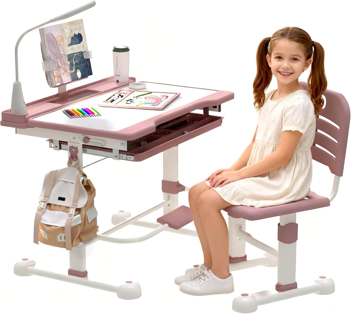 Height Adjustable Pink Desk and Chair 2PCS Set for Kids Aged 4-12