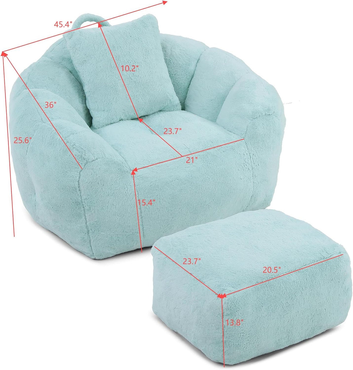 Giant Bean Bag Chair for Adults, Memory Foam Filler Big Stuffed Accent Sofa with Footstool, Faux Fur Shell-Shaped Lounge Chair for Bedroom, Gaming, Reading - Indoor Beanbag Couch for Kids (Light Blue)