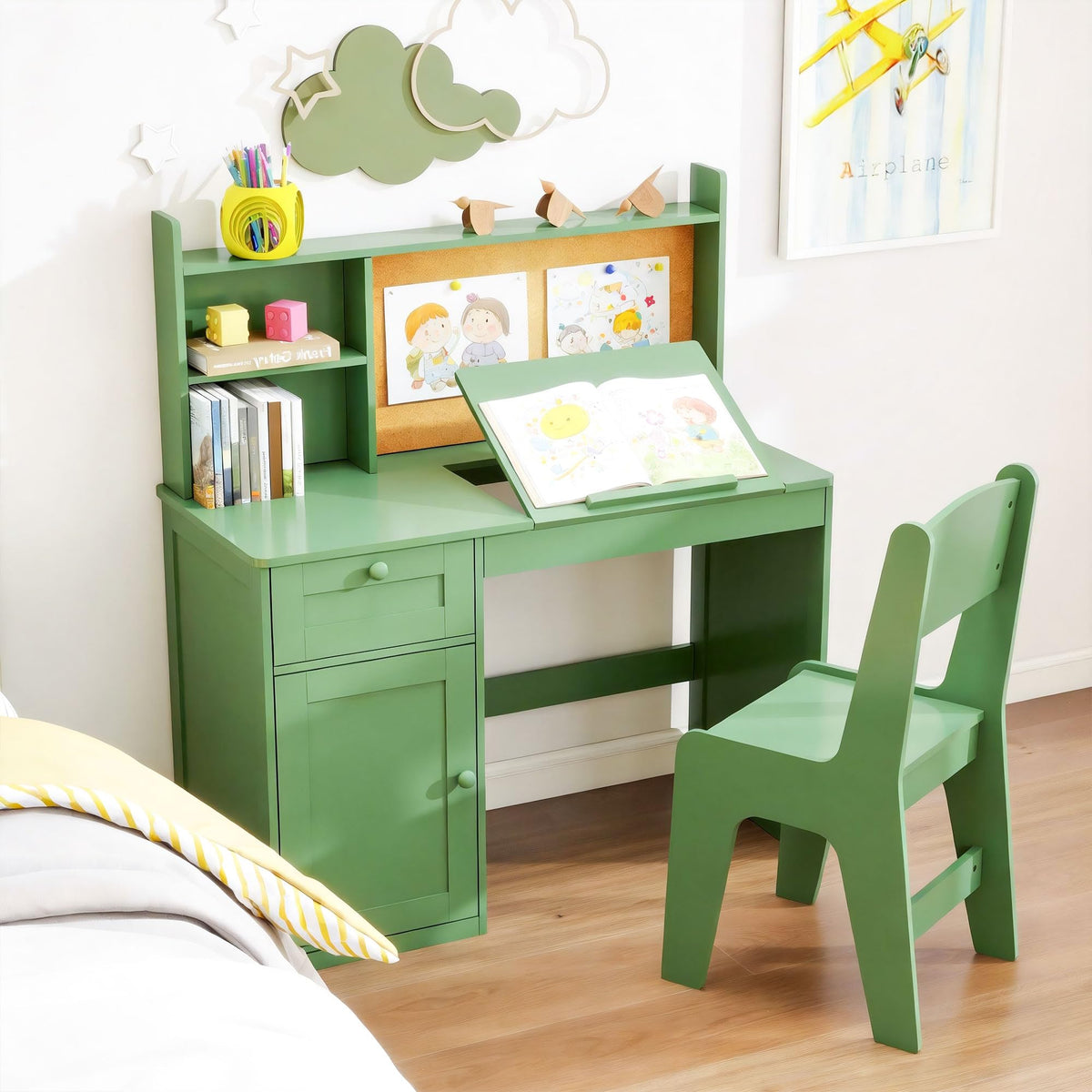 Kids Desk and Chair Set with 0-105° Tiltable Desktop for Ages 5-12, White