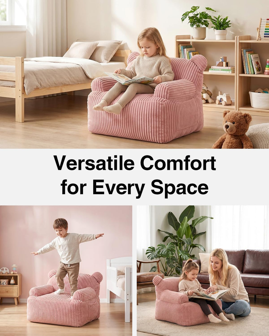 Kids Bean Bag Chair Soft Stuffed Floor Sofa with Pocket for Reading, Pink