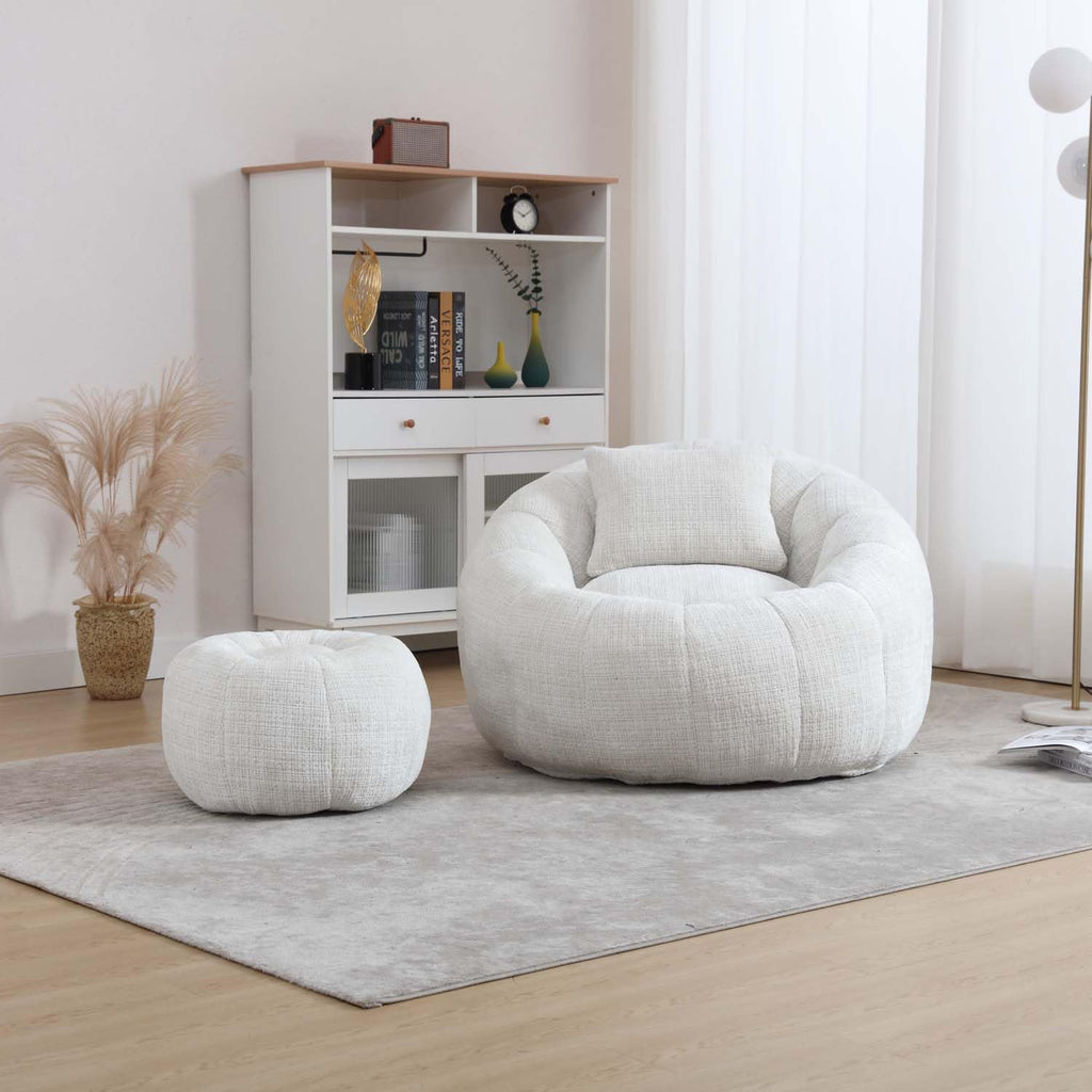 Round Cloud Bean Bag Chair, Leisure Floor Single Seater with Ottoman, Plush Chenille Sofa Chair, Lazy Bean Bag Chairs for Bedroom, Apartment and Living Room (Orange)
